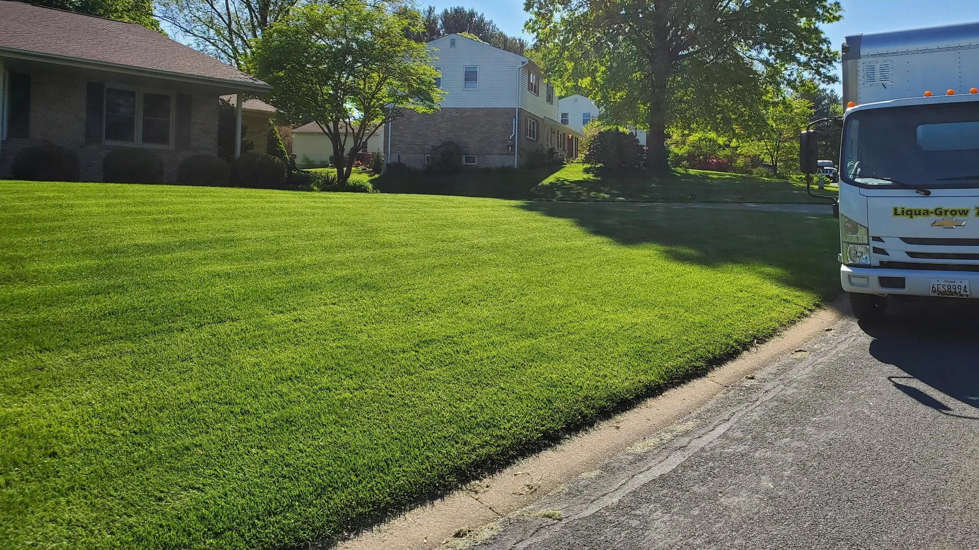 Thick lawn with Liqua-Grow Turf truck parked in front.