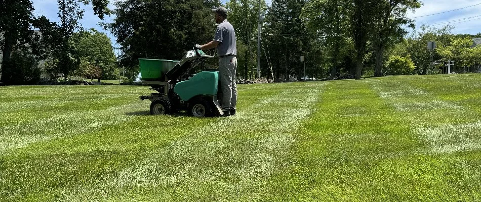 Tech on lawn care equipment going over grass in Westminster, MD.