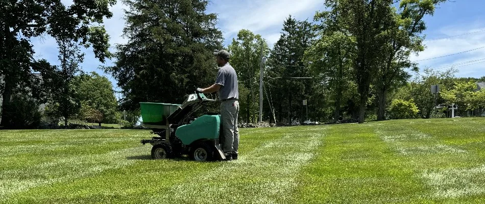 Green lawn in Damascus, MD, with a man on a spreader machine.