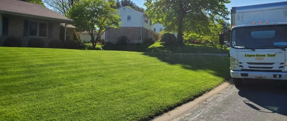 Lawn in Maryland with truck parked in street.